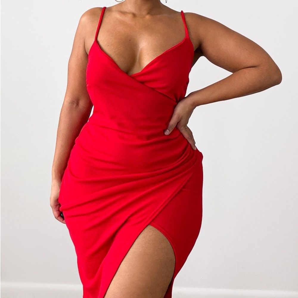 Plus Lauriell Red Wrap Front Crepe Midi Dress